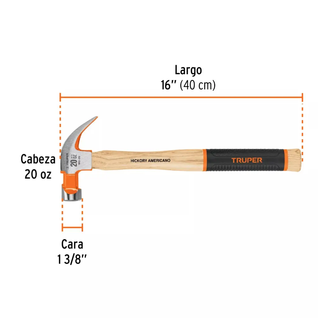 Martillo pulido uña curva 20 oz, mango de hickory 16656