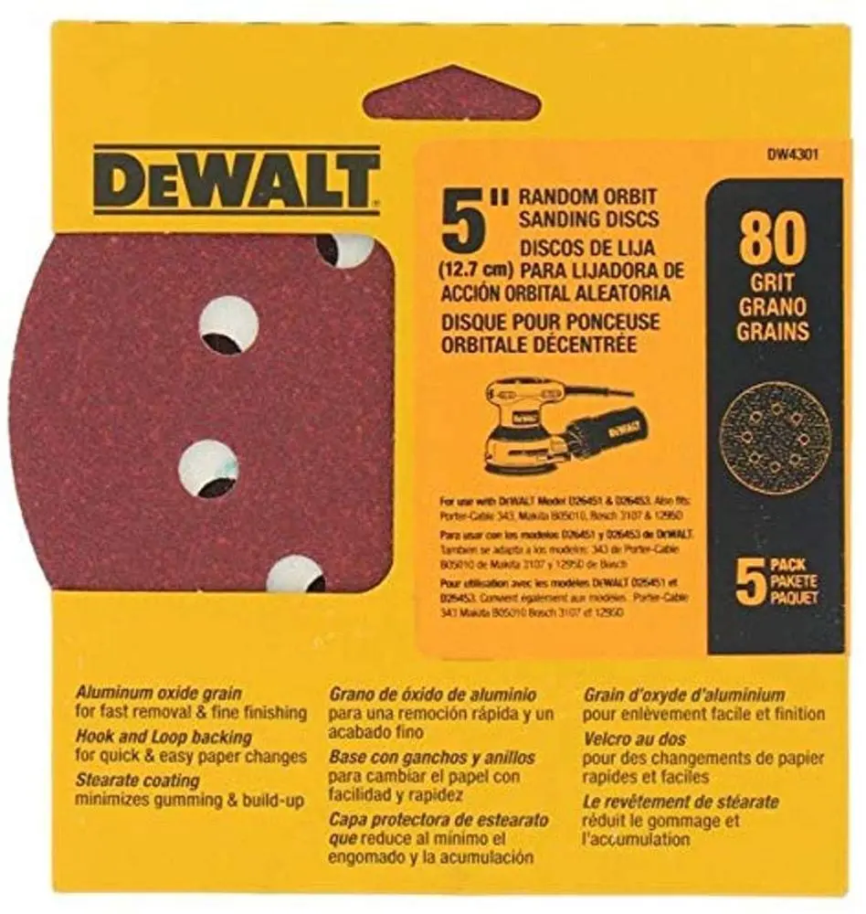 DISCO DE LIJA, 5 PULG, GRANO 80, TIPO VELCRO. MARCA DEWALT