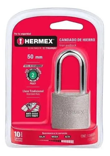 CANDADO DE HIERRO 50 MM GANCHO LARGO EN BLÍSTER, HERMEX  43328