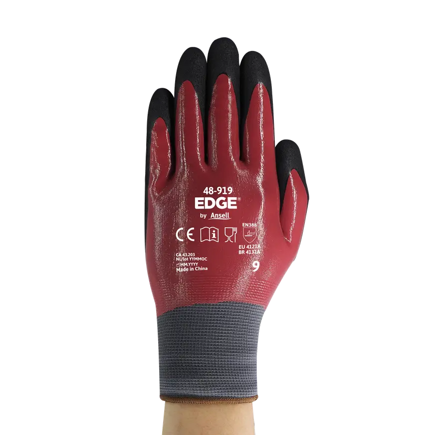 GUANTES EDGE TEJIDO POLIESTER, IMPREGNADO DE NBR Y PALMA RECUBIERTA DE NITRILO RUGOSO, ANSELL MODELO 48-919 TALLA M