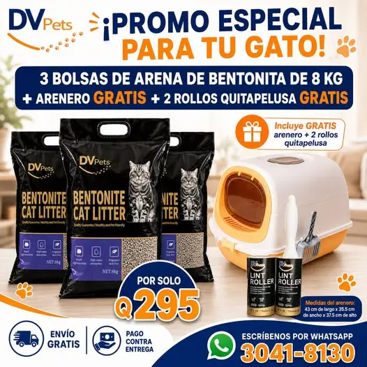 TRIPACK ARENA+ARENERO PARA GATO+RODILLO QUITAMOTA+REPUESTO