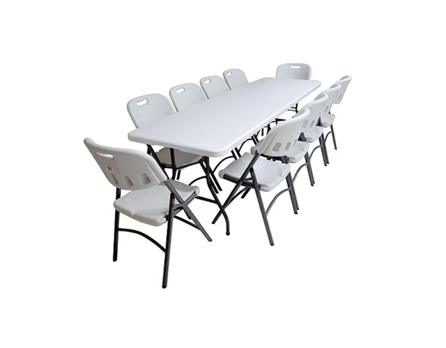 COMBO DE MESA BLANCA Y 10 BANCOS PLEGABLES BLANCOS
