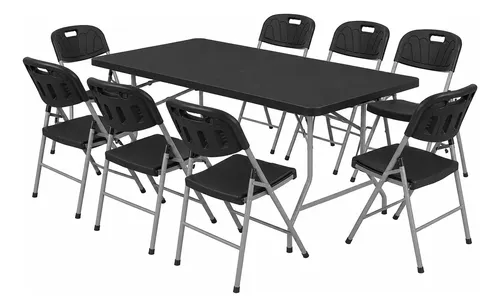 COMBO DE MESA NEGRA Y 8 SILLAS PLEGABLES