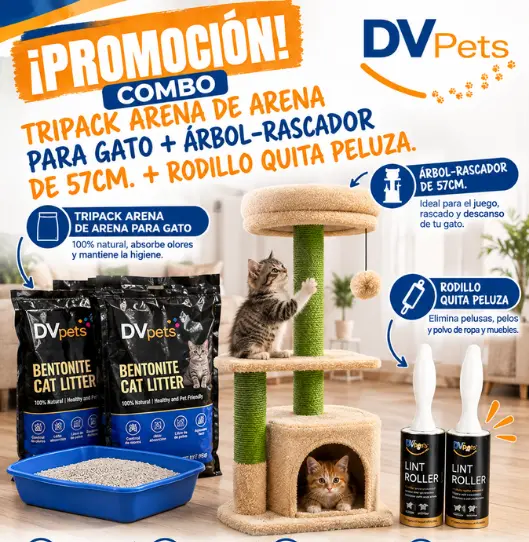 TRIPACK ARENA DE ARENA PARA GATO + ARBOL-RASCADOR DE 57CM. + RODILLO QUITA PELUZA.